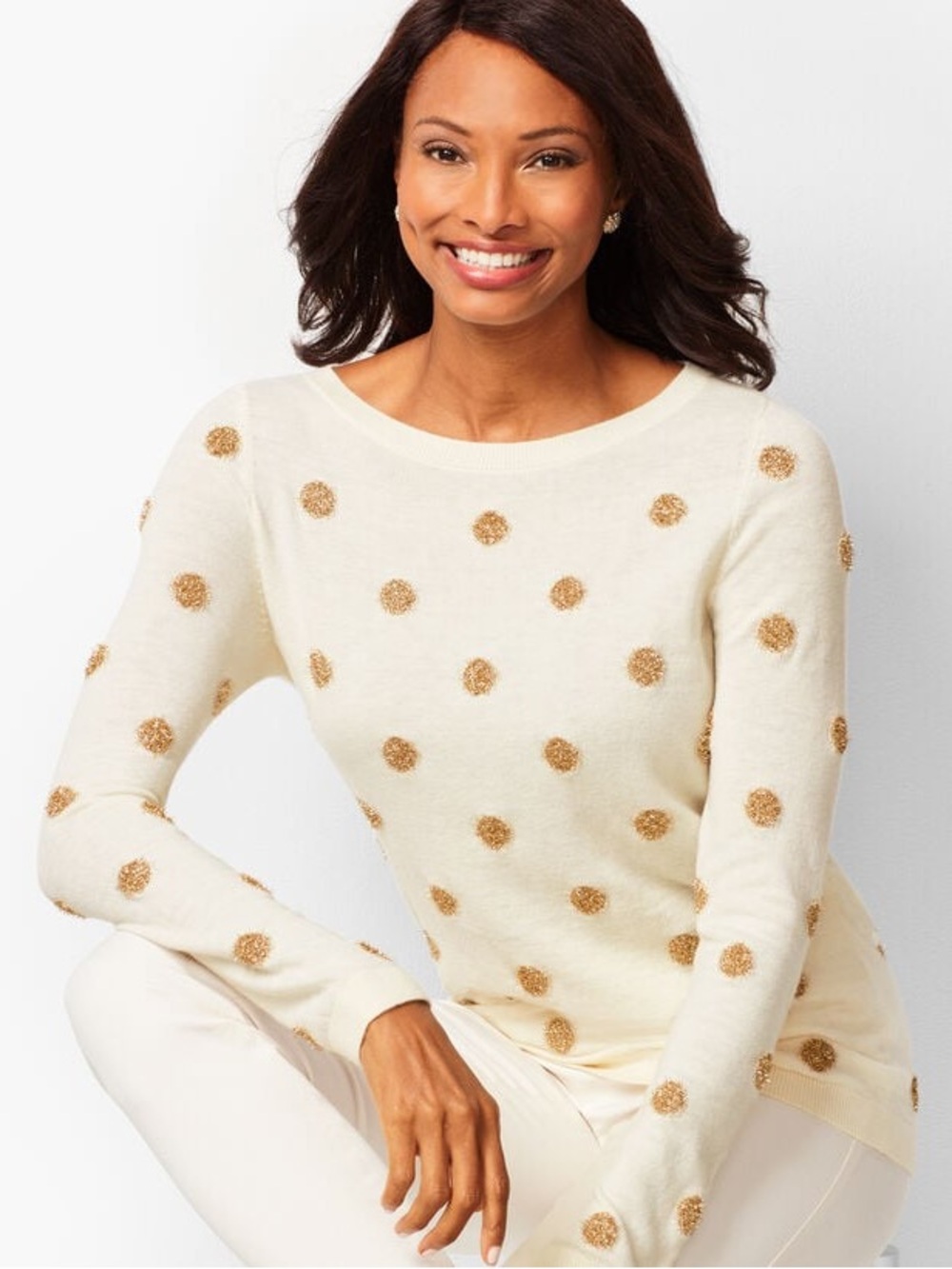 Talbots Tinsel Polka Dot Bateau Neck Sweater Off White Gold Women’s Size Large
